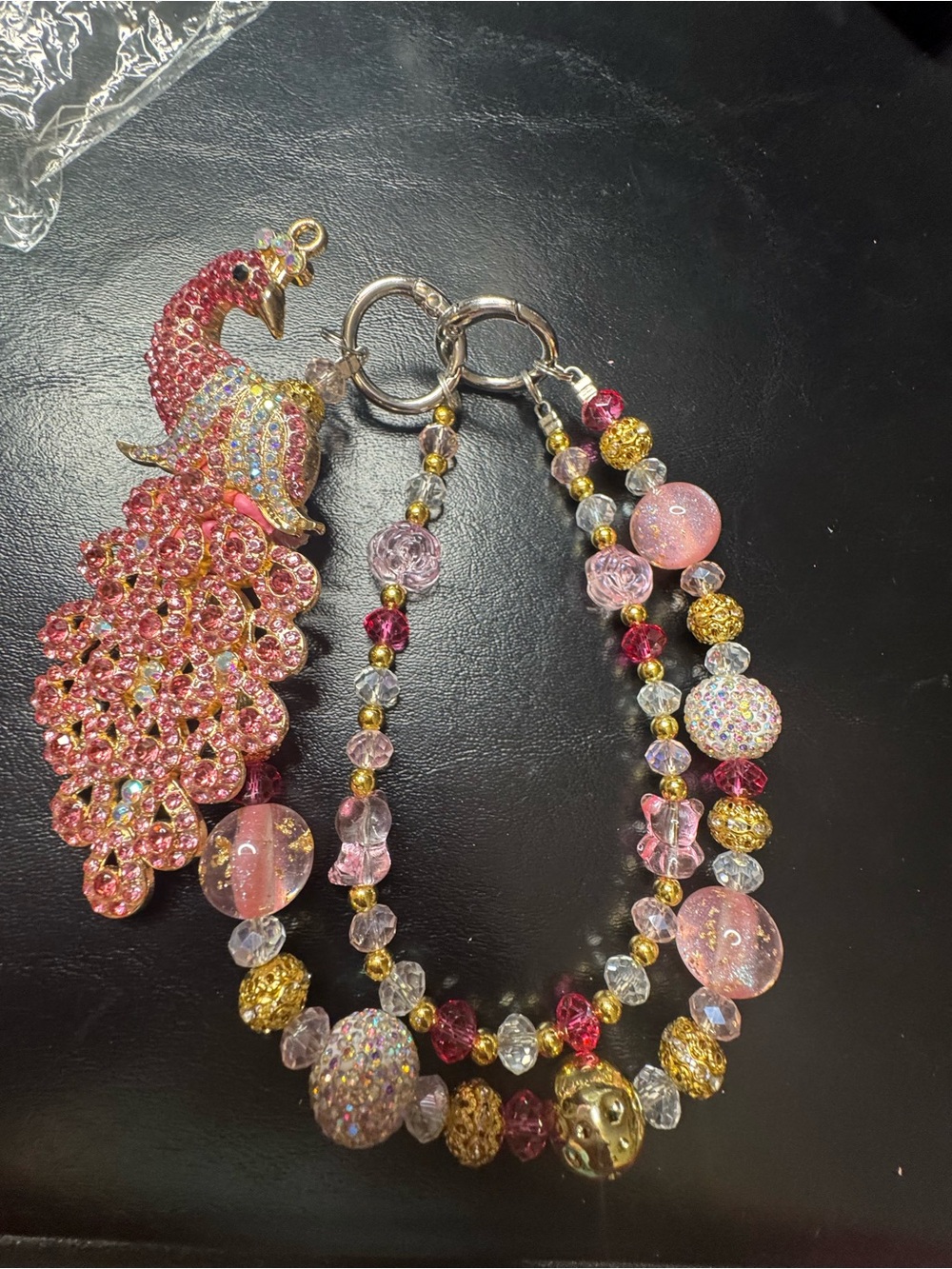 Pink Crystal Peacock Keychain Charm with Beaded Strands